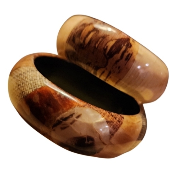 VINTAGE RESIN WOOD BANGLE SET EARTH TONE CHUNKY STATEMENT HIPPIE BOHO - Picture 2 of 16